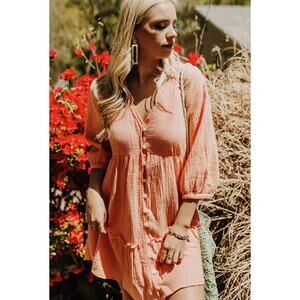 ZARA Tiered Linen Mini Dress Peach Orange Womens X-Large Boho Cottagecore Fairy